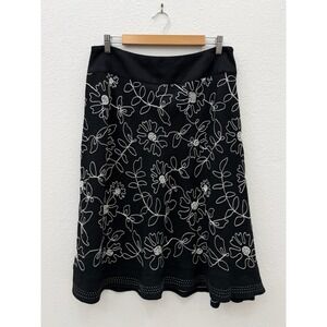 Carole Little Black White Floral Embroidered Beaded Linen Blend Skirt Size 10